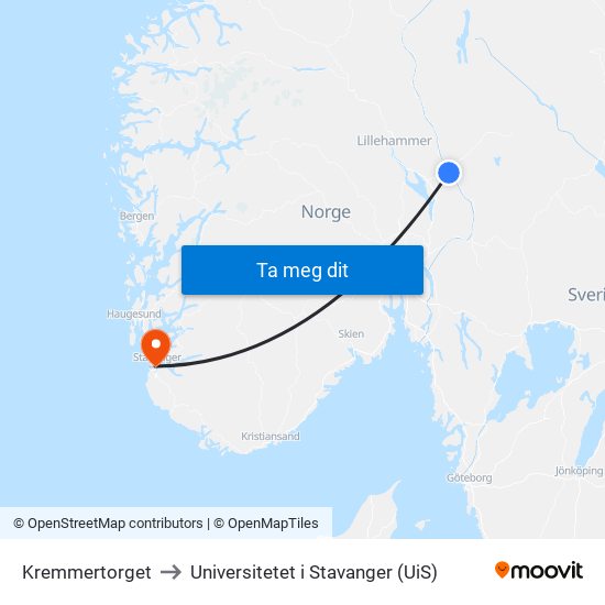 Kremmertorget to Universitetet i Stavanger (UiS) map