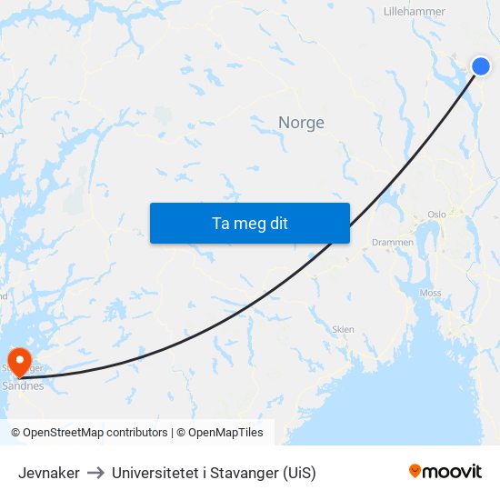 Jevnaker to Universitetet i Stavanger (UiS) map