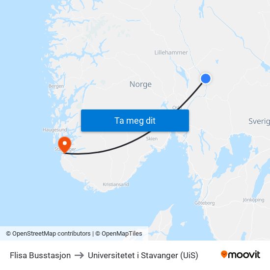 Flisa Busstasjon to Universitetet i Stavanger (UiS) map