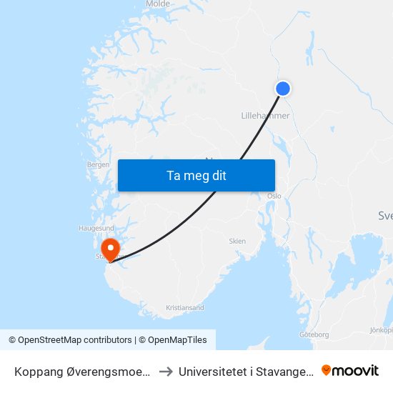 Koppang Øverengsmoen Shell to Universitetet i Stavanger (UiS) map