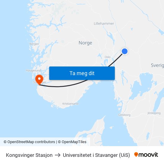 Kongsvinger Stasjon to Universitetet i Stavanger (UiS) map