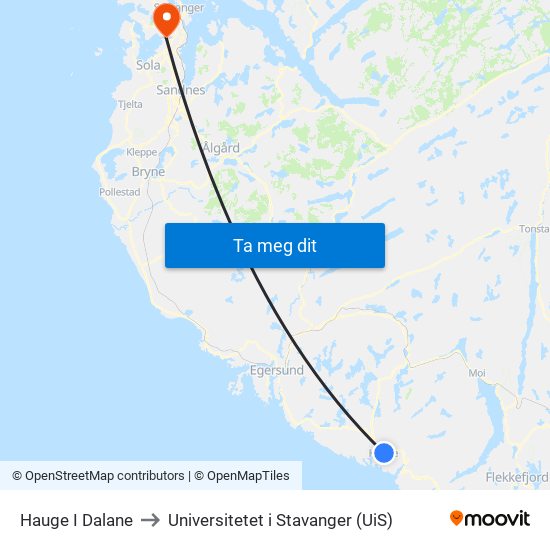 Hauge I Dalane to Universitetet i Stavanger (UiS) map