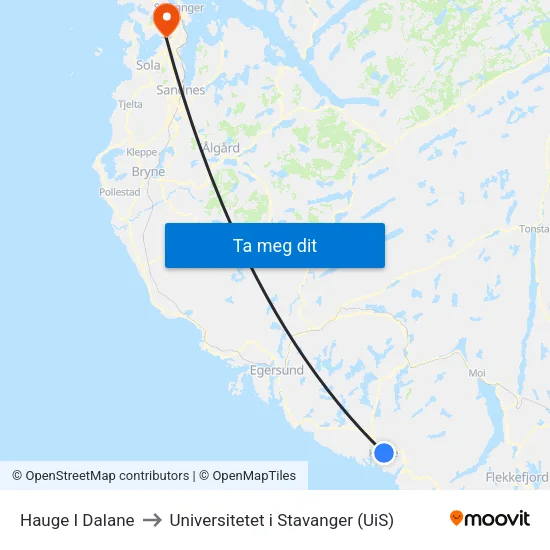Hauge I Dalane to Universitetet i Stavanger (UiS) map