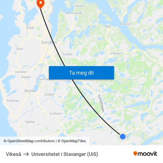 Vikeså to Universitetet i Stavanger (UiS) map
