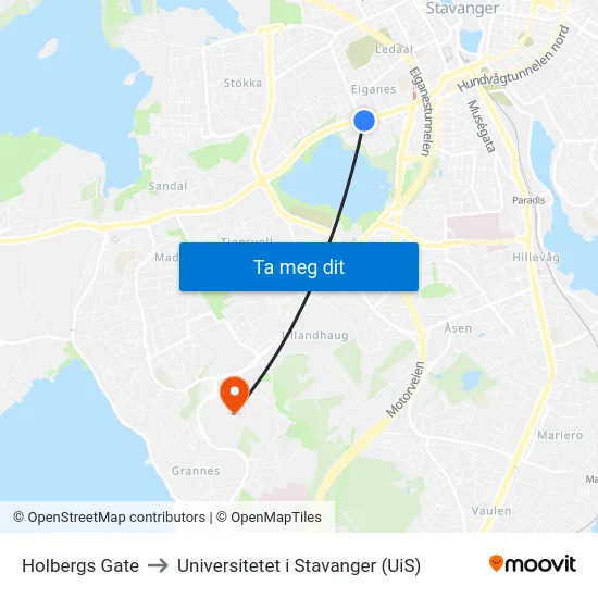 Holbergs Gate to Universitetet i Stavanger (UiS) map