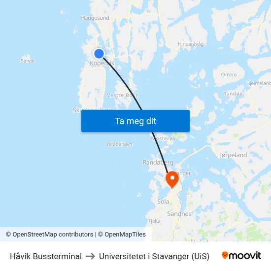 Håvik Bussterminal to Universitetet i Stavanger (UiS) map