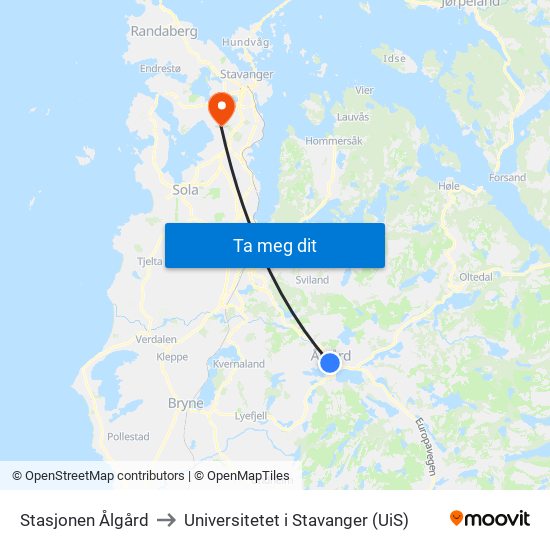 Stasjonen Ålgård to Universitetet i Stavanger (UiS) map