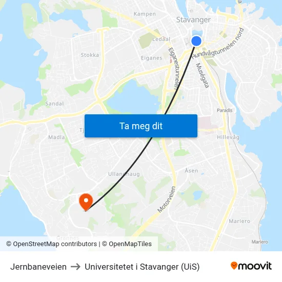 Jernbaneveien to Universitetet i Stavanger (UiS) map