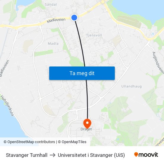 Stavanger Turnhall to Universitetet i Stavanger (UiS) map