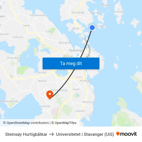 Steinsøy Hurtigbåtkai to Universitetet i Stavanger (UiS) map