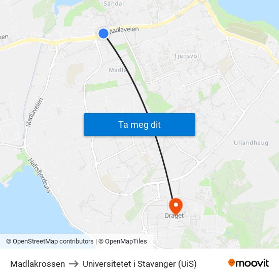 Madlakrossen to Universitetet i Stavanger (UiS) map