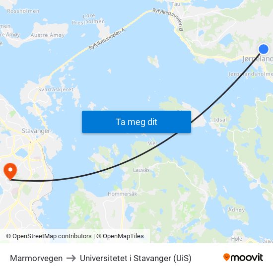 Marmorvegen to Universitetet i Stavanger (UiS) map