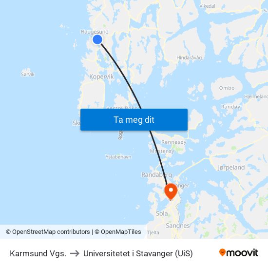 Karmsund Vgs. to Universitetet i Stavanger (UiS) map