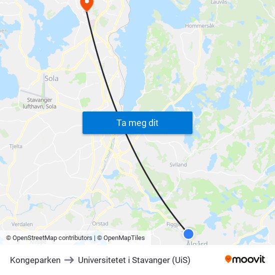 Kongeparken to Universitetet i Stavanger (UiS) map