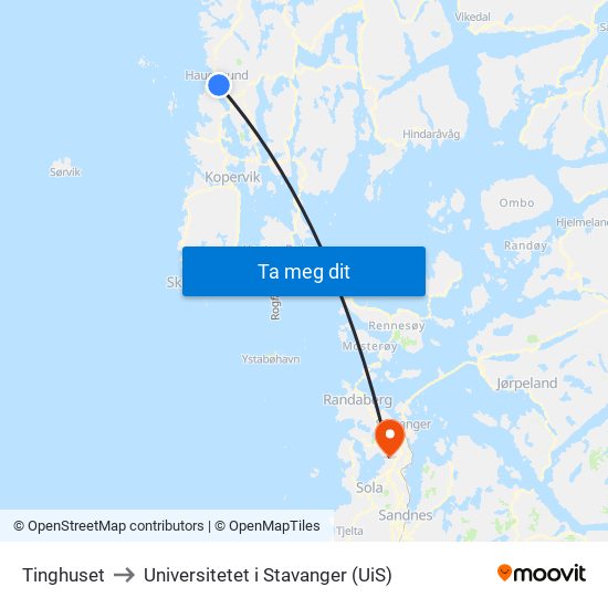 Tinghuset to Universitetet i Stavanger (UiS) map