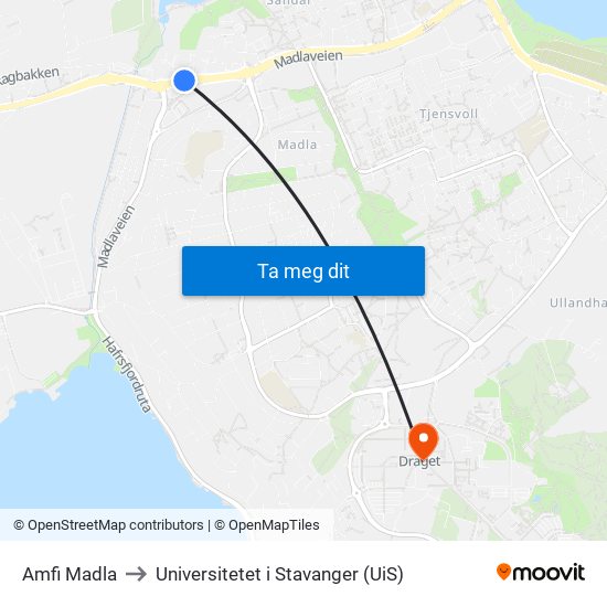 Amfi Madla to Universitetet i Stavanger (UiS) map