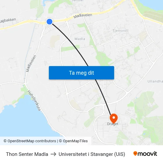 Thon Senter Madla to Universitetet i Stavanger (UiS) map
