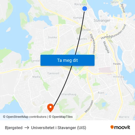 Bjergsted to Universitetet i Stavanger (UiS) map