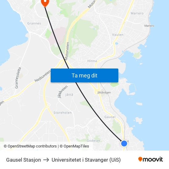 Gausel Stasjon to Universitetet i Stavanger (UiS) map