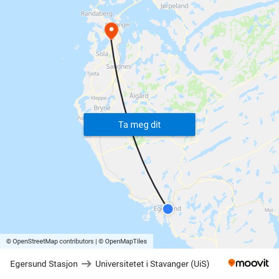 Egersund Stasjon to Universitetet i Stavanger (UiS) map