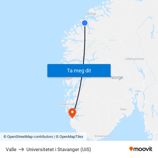 Valle to Universitetet i Stavanger (UiS) map