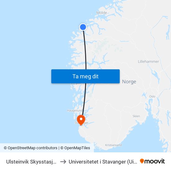 Ulsteinvik Skysstasjon to Universitetet i Stavanger (UiS) map
