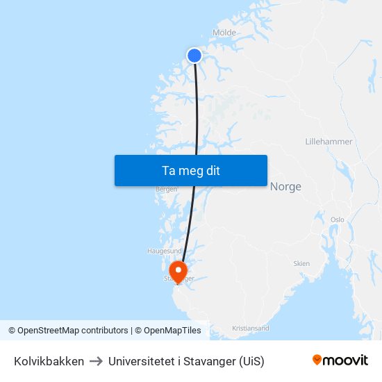 Kolvikbakken to Universitetet i Stavanger (UiS) map