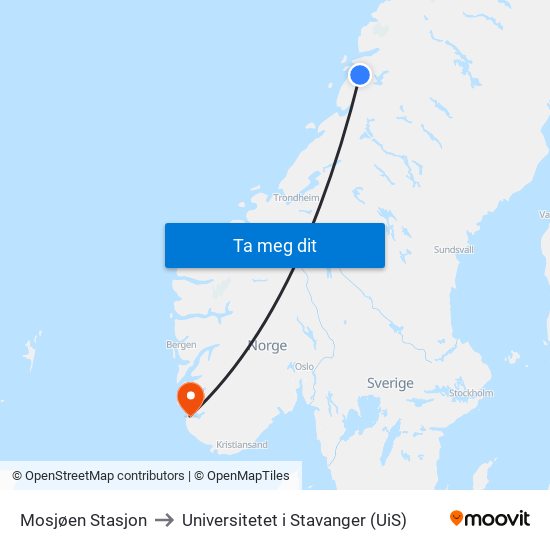 Mosjøen Stasjon to Universitetet i Stavanger (UiS) map