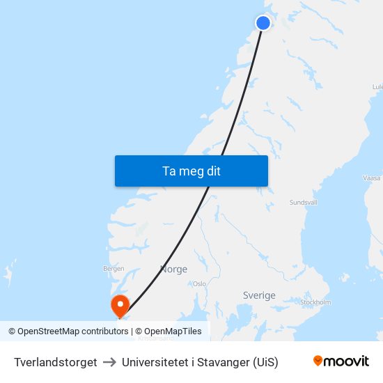 Tverlandstorget to Universitetet i Stavanger (UiS) map