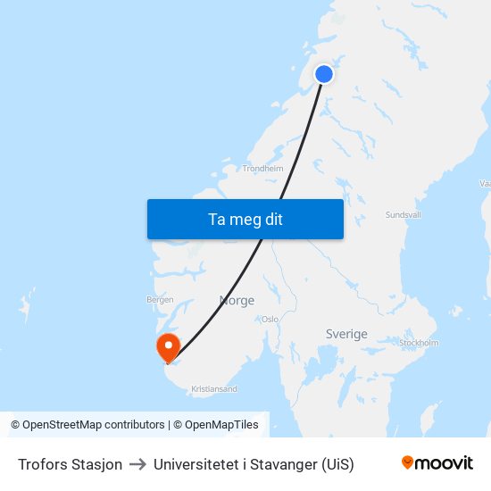 Trofors Stasjon to Universitetet i Stavanger (UiS) map
