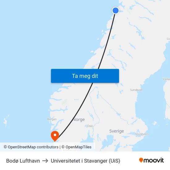 Bodø Lufthavn to Universitetet i Stavanger (UiS) map
