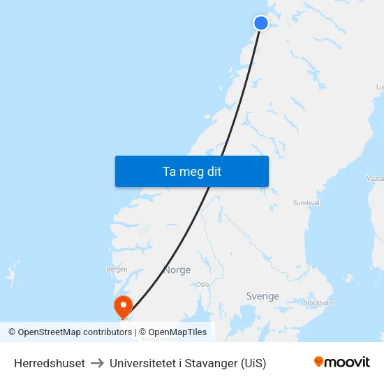 Herredshuset to Universitetet i Stavanger (UiS) map