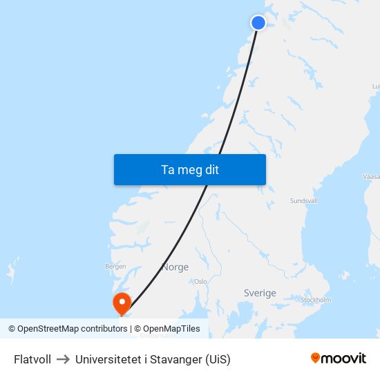 Flatvoll to Universitetet i Stavanger (UiS) map