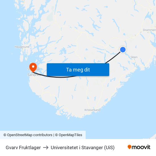 Gvarv Fruktlager to Universitetet i Stavanger (UiS) map