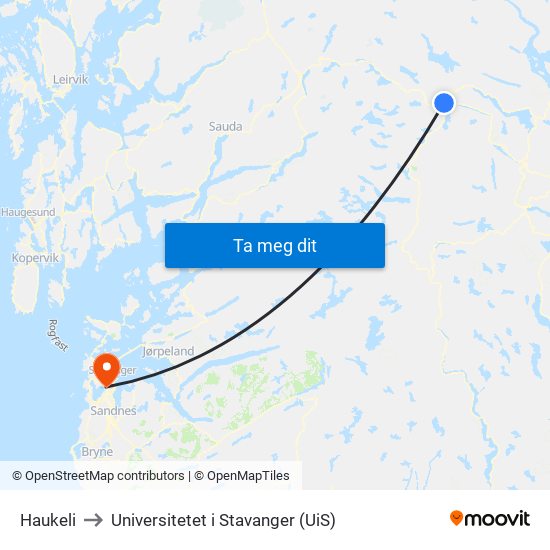 Haukeli to Universitetet i Stavanger (UiS) map