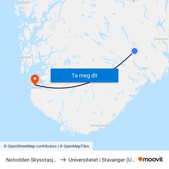Notodden Skysstasjon to Universitetet i Stavanger (UiS) map