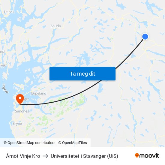 Åmot Vinje Kro to Universitetet i Stavanger (UiS) map