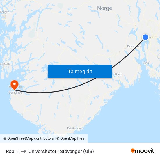 Røa T to Universitetet i Stavanger (UiS) map