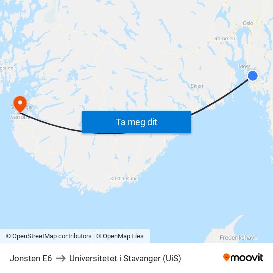 Jonsten E6 to Universitetet i Stavanger (UiS) map