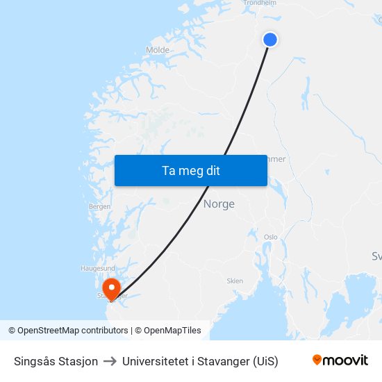 Singsås Stasjon to Universitetet i Stavanger (UiS) map