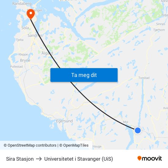 Sira Stasjon to Universitetet i Stavanger (UiS) map