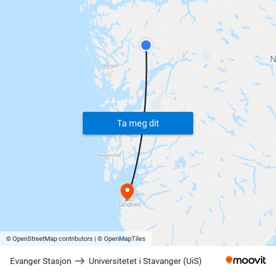 Evanger Stasjon to Universitetet i Stavanger (UiS) map