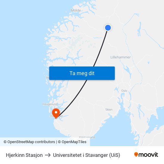 Hjerkinn Stasjon to Universitetet i Stavanger (UiS) map