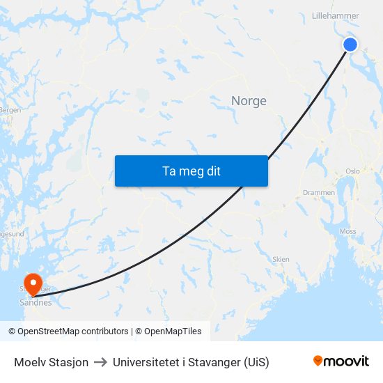 Moelv Stasjon to Universitetet i Stavanger (UiS) map