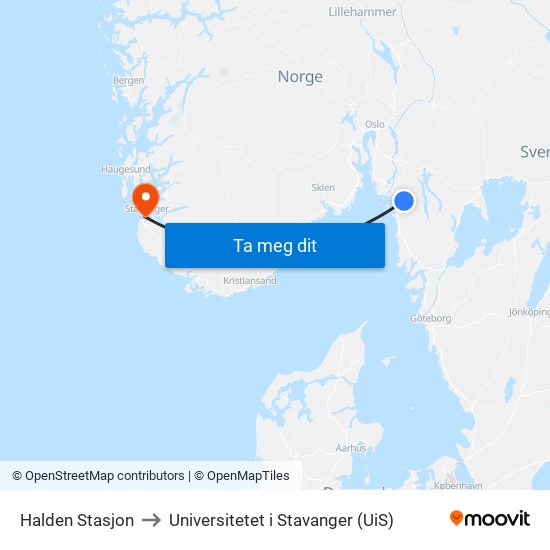 Halden Stasjon to Universitetet i Stavanger (UiS) map
