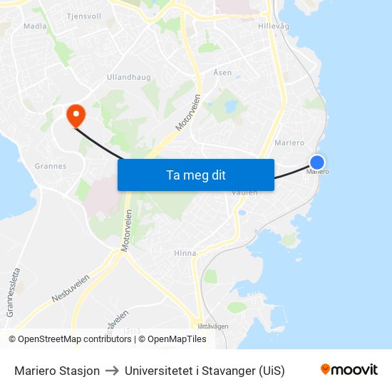 Mariero Stasjon to Universitetet i Stavanger (UiS) map