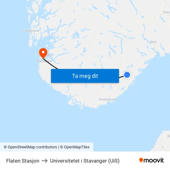 Flaten Stasjon to Universitetet i Stavanger (UiS) map