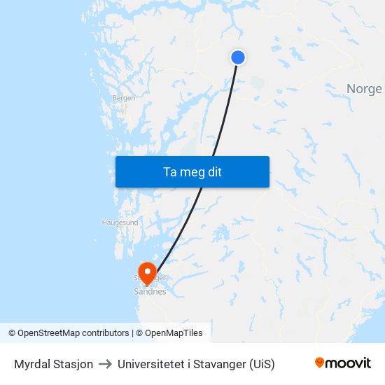 Myrdal Stasjon to Universitetet i Stavanger (UiS) map