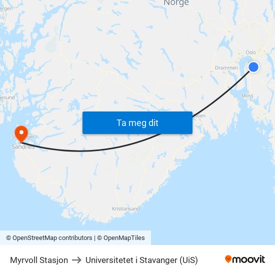 Myrvoll Stasjon to Universitetet i Stavanger (UiS) map