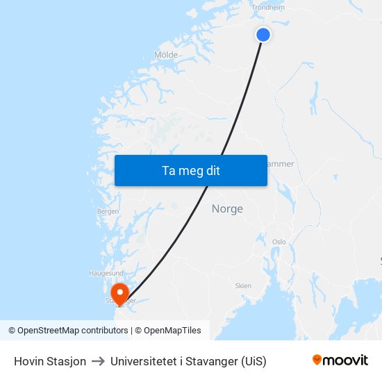 Hovin Stasjon to Universitetet i Stavanger (UiS) map